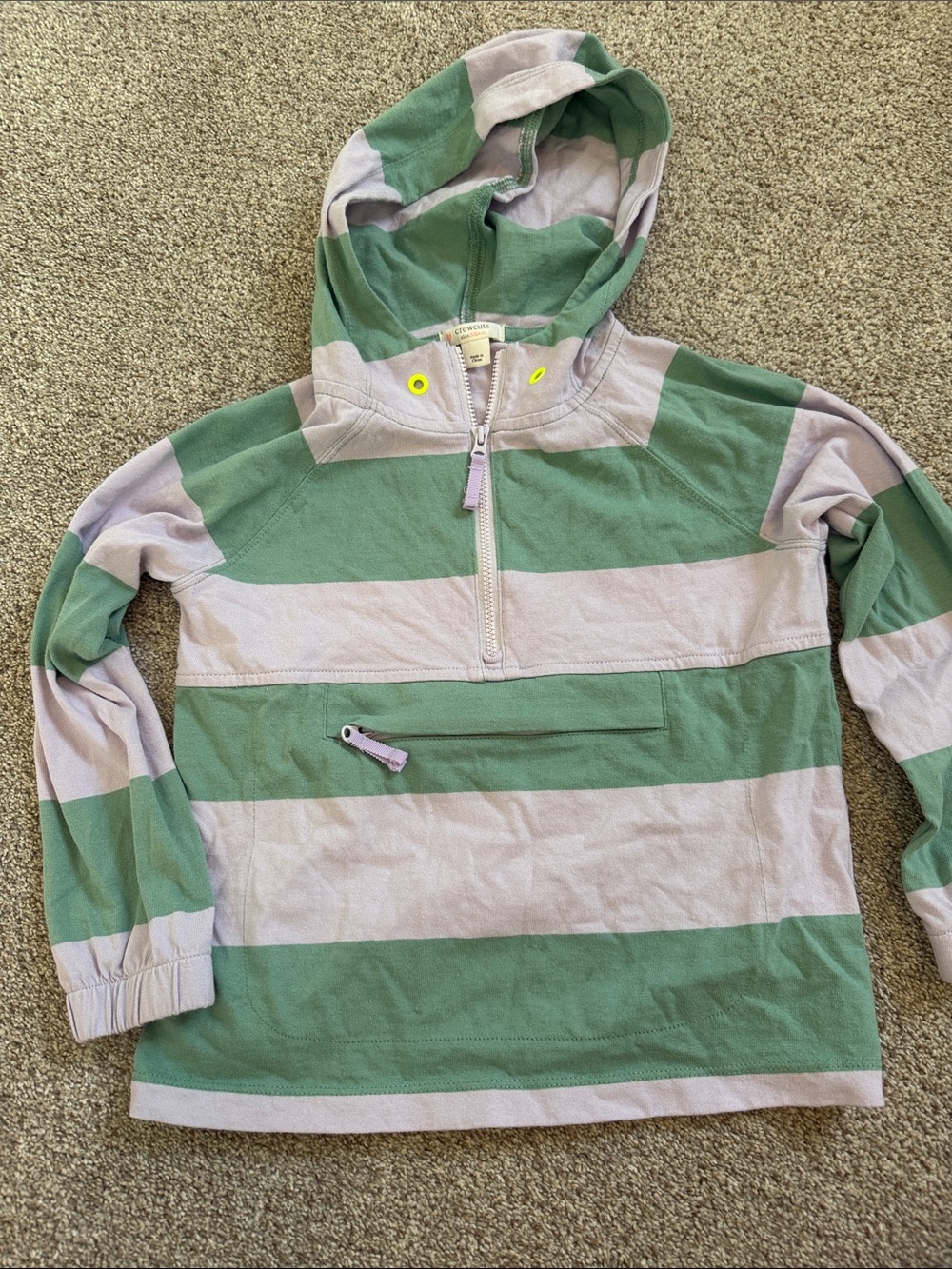 Crewcuts Green and Light Lavender Striped Hooded Half-Zip Pullover